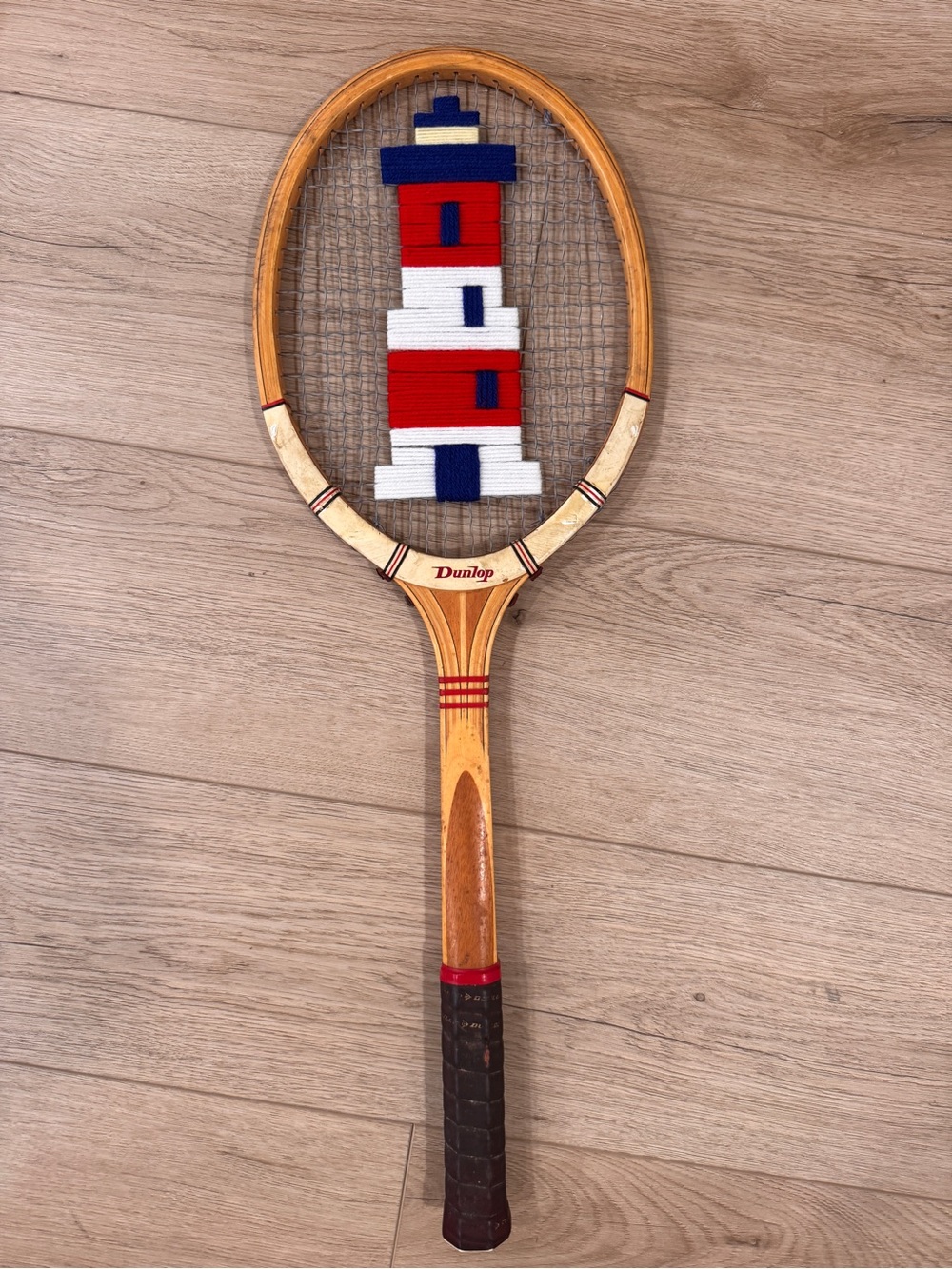 Vintage Dunlop Wooden Tennis Racket with Red, White & Blue Yarn Decoration